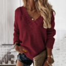 Solid Color V-neck Long-sleeved Pullover Sweater Top