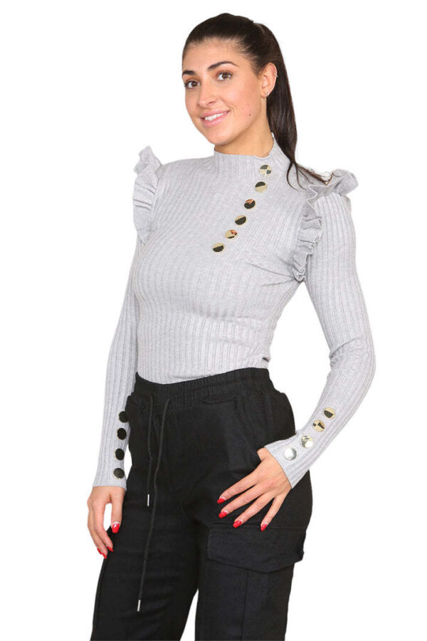 Ribbed Knit Gold Button Detail Jumper With Frill - Image 2