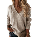 Solid Color V-neck Long-sleeved Pullover Sweater Top