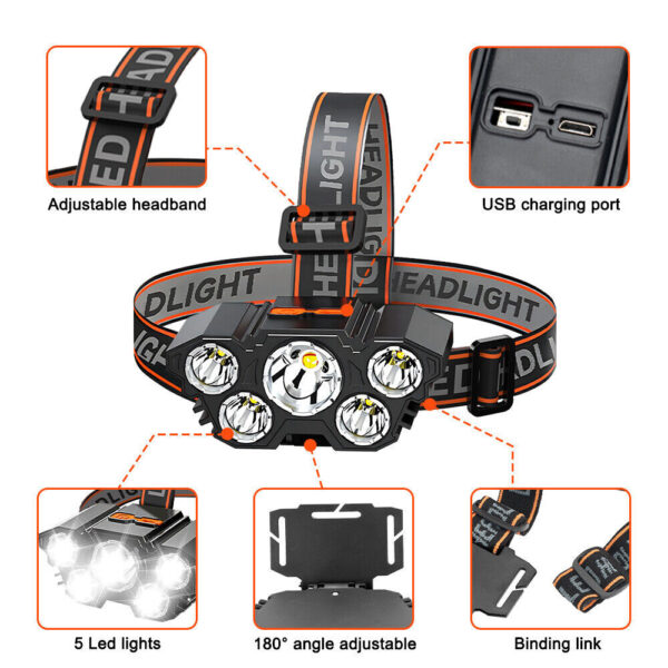 USB  LED Headlamp Rechargeable LED Lamp Headlight Head Torch Cable Light - Image 8