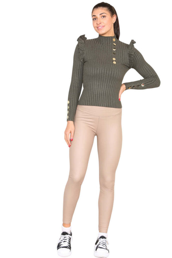 Ribbed Knit Gold Button Detail Jumper With Frill - Image 4