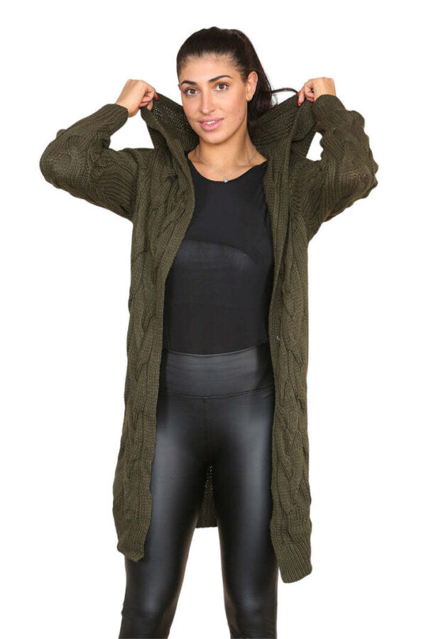 Knitted Cables Hooded Long Over Sized Cardigan - Image 7